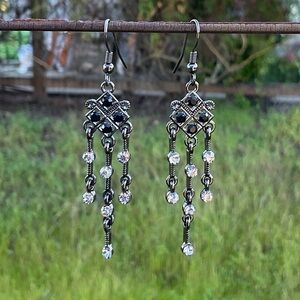 “New” Vintage Silver And Black Austrian Crystal Dangle Earrings.  2 3/4” Drop